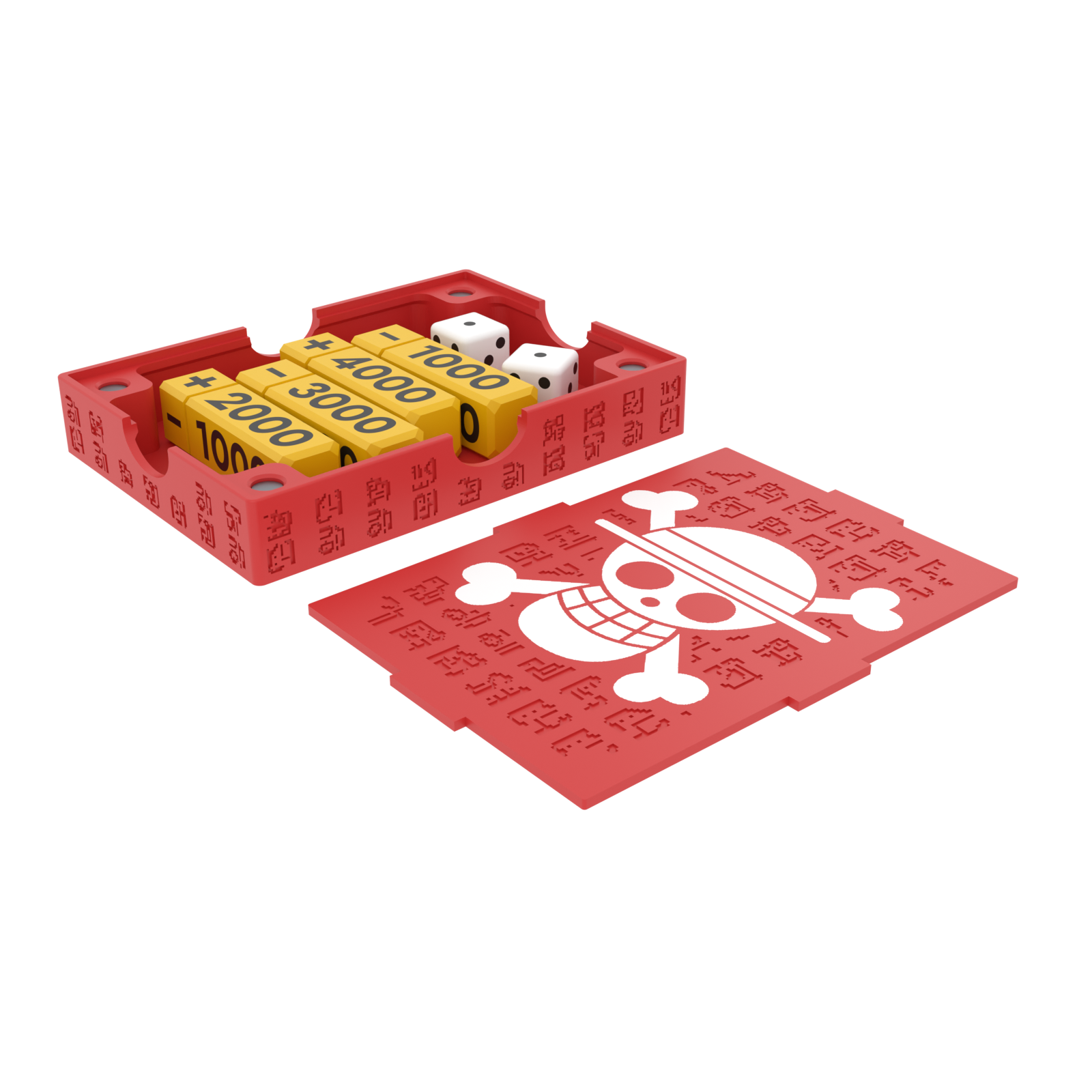 Counter and dice tray open with counters and dice inside